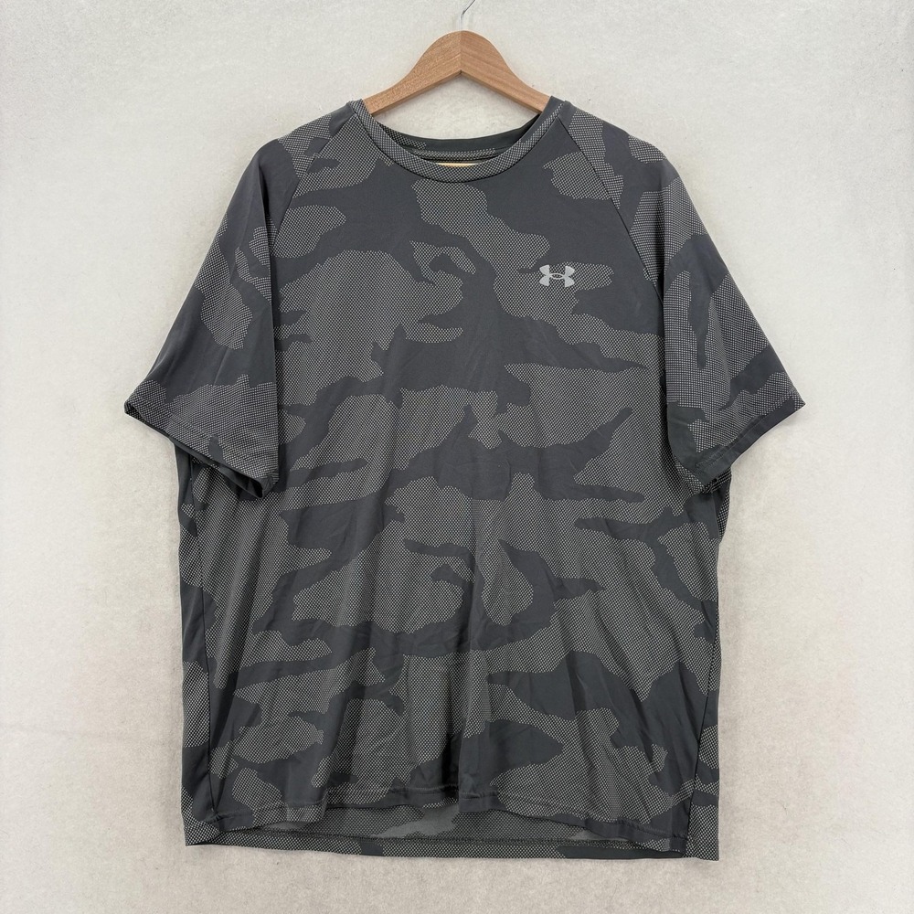 Under Armour Shirt Mens 2XL Gray Camo Short Sleeve Loose Fit Athletic Gym Top UA